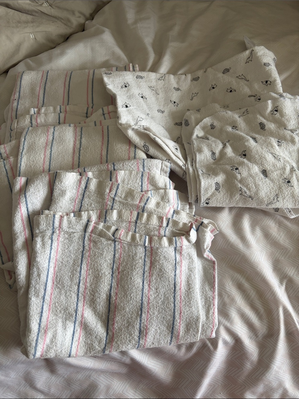 3 White Cotton Blankets with Pink & Blue Stripes & 2 Animal Baby Blankets